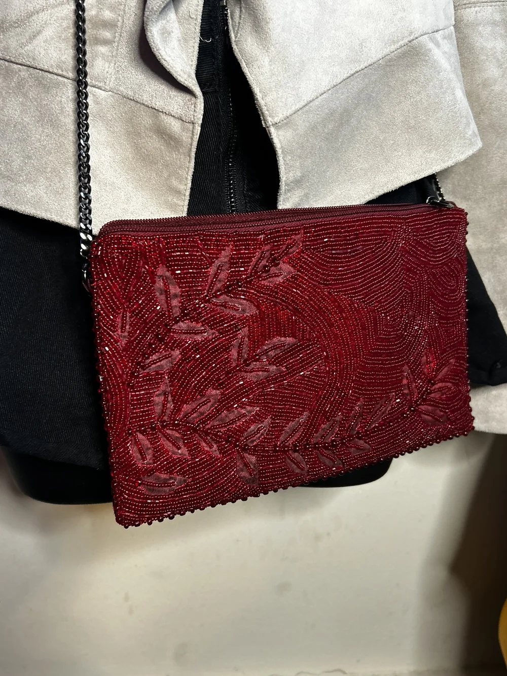 Red Beaded Crossbody Bag with Leaf Motif